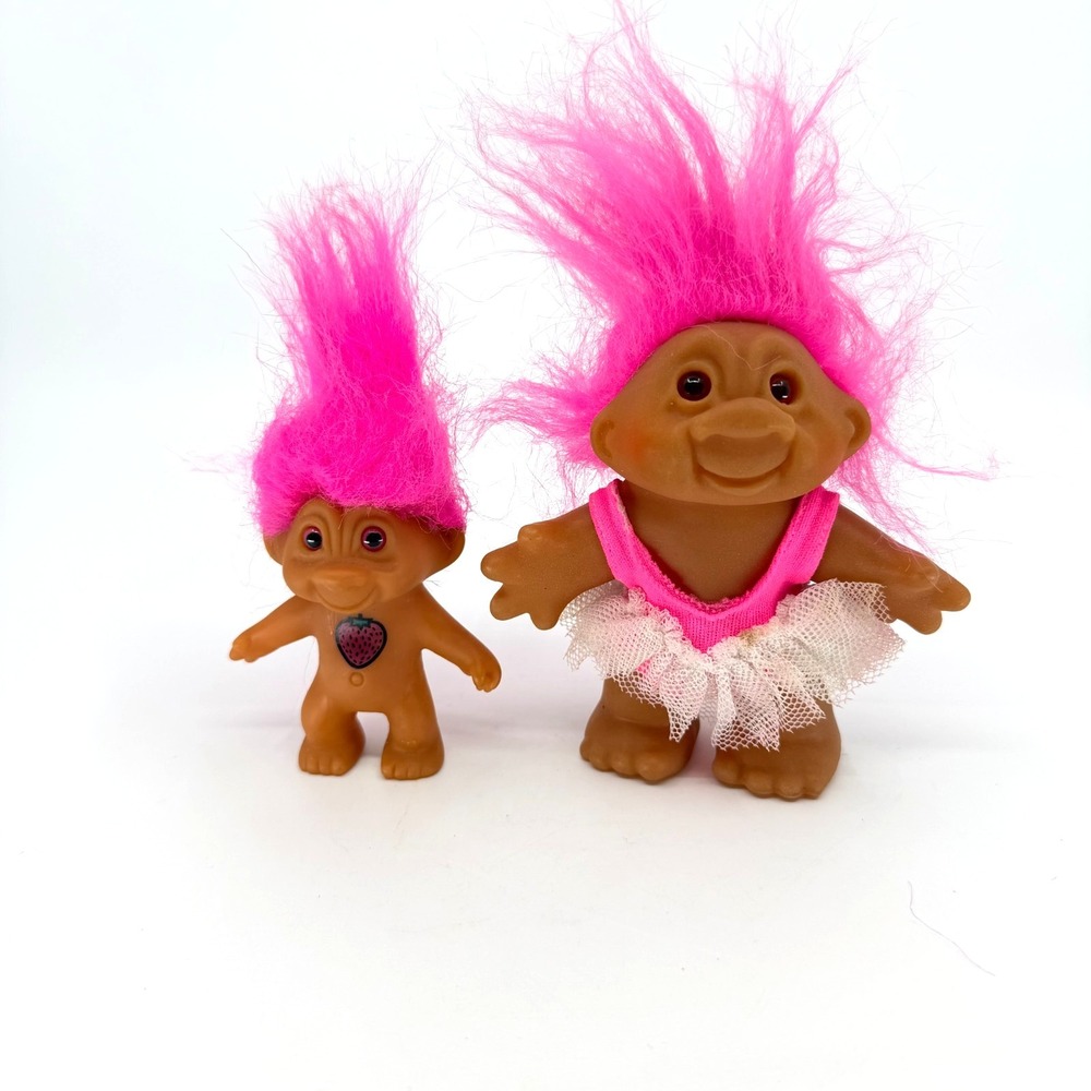 Lot of 2  Vintage Russ Berrie Troll Dolls Pink Hair Ballerina Strawberry 1986
